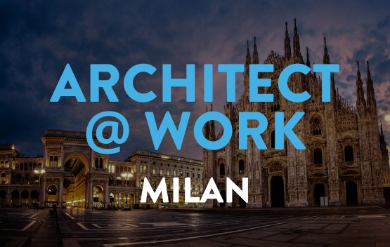 Banner event Architect@Work Milan with the city in the backgroun